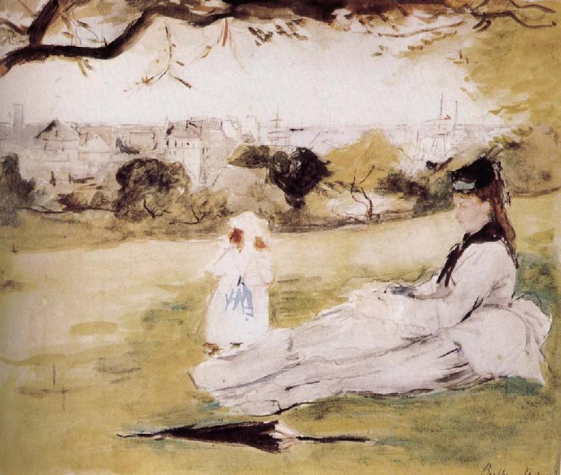 Berthe Morisot The mother and her child on the meadow oil painting picture